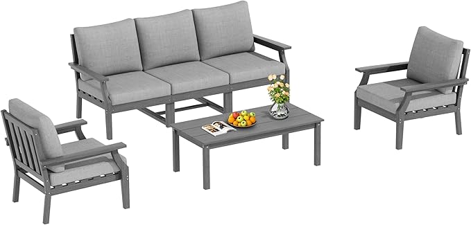 HDPE Patio Conversation Set, 6-Piece All Weather Outdoor Furniture Set with 2 Single Armchairs for Deck, Lawn, with Cushion, Gray