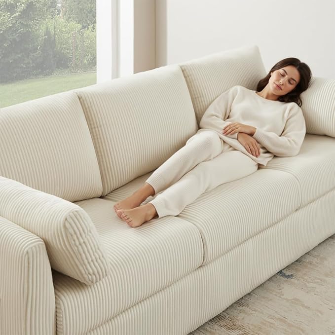 3 Seater Couches for Living Room, 79" Modern Corduroy Sofa with 2 Pillows and Storage Pockets, Small Beige Couches for Apartment, Small Spaces, Home Office