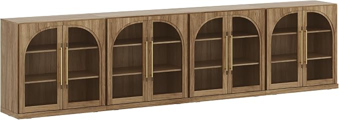 BELLEZE 4-Piece Modular TV Stand Set -Modern Entertainment Center with Arched Glass Doors,Sideboards with Adjustable Shelves,Classic Media Console Table Cabinet for Living Room (Camel) - Image 9
