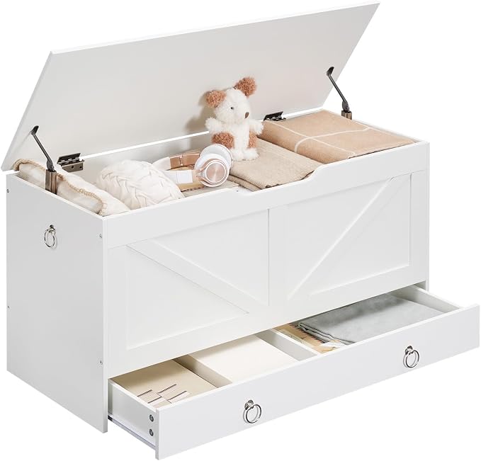 HOOBRO Storage Chest, 39.3" Toy Chest with Drawer, Wooden Storage Bench, Sturdy Entryway Bench Supports 220 lb, Shoe Bench, Safety Hinge, U-Shaped Opening, Easy Assembly, White WT710CW01G1 - Image 9