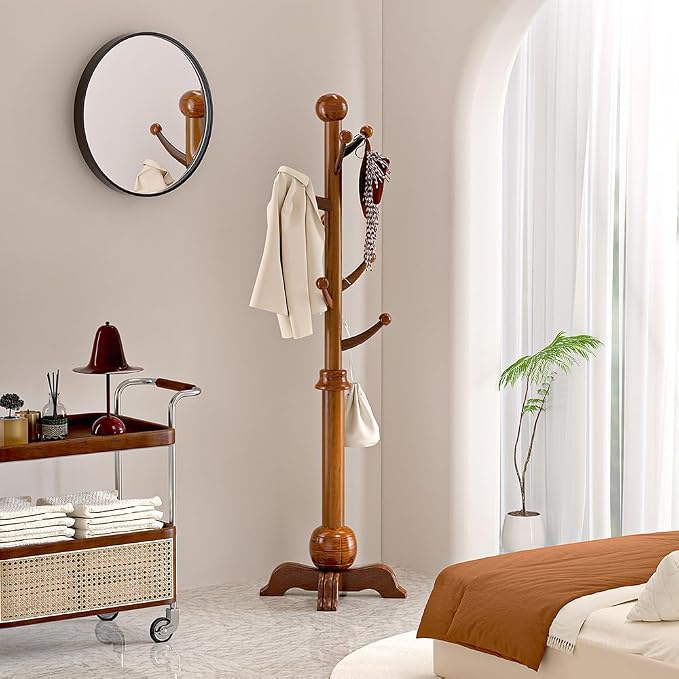 Hall Tree, Freestanding Wood Tree Rack with 7 Hooks, Coat Rack with Stable Sphere Base, Wooden Coat Rack Stand, Load 210 lb, Coat Hanger Stand for Entryway, Hallway, Bedroom, H:72 in, Walnut - Image 8