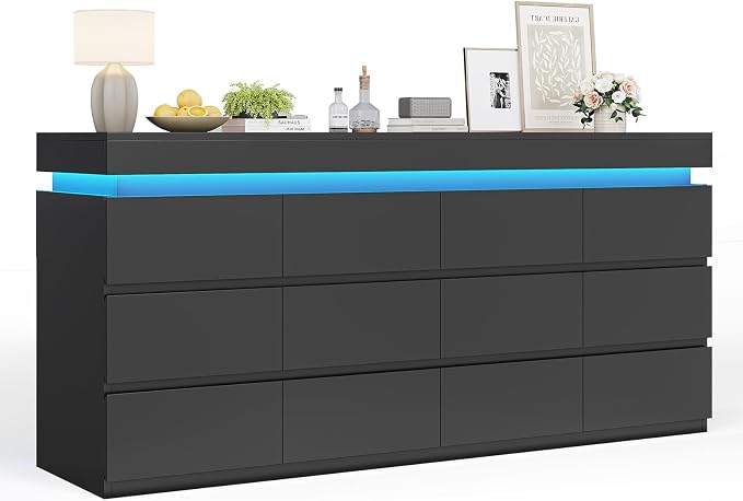 HAUOMS 12 Drawer Dresser with LED Light, Black Modern Chest of Drawers for Bedroom,Long Dresser with Drawers for Living Room, Entryway, Hallway - Image 8