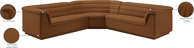 Meridian Furniture 194Saddle-Sectional Cascade Collection Modern | Contemporary Modular Sectional with Soft Saddle Velvet Fabric, Deep Channel Tufting, Curved Arms, 148" W x 80" D x 28" H, Saddle