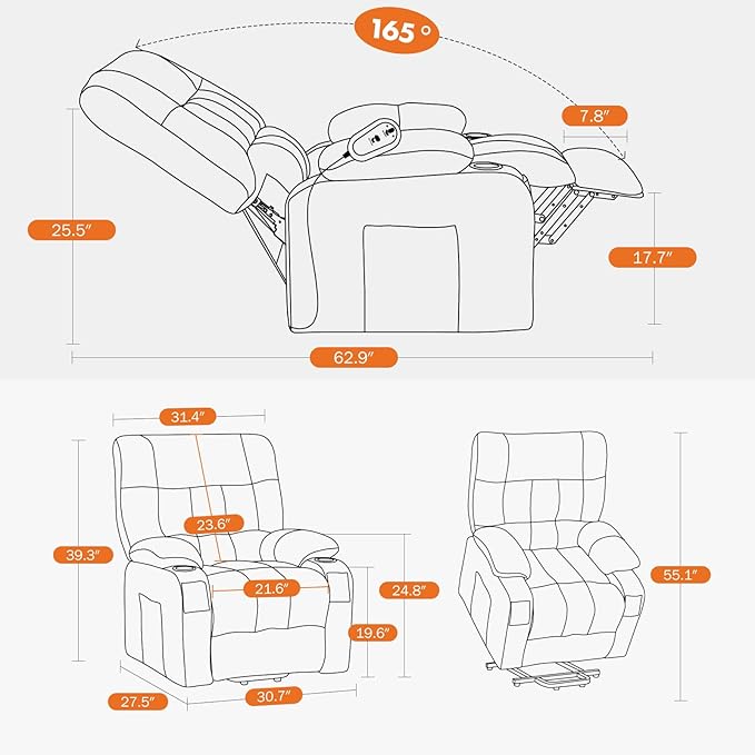 Sweetcrispy Power Lift Recliner Chair with Vibration Massage and Heat for Adults, Ergonomic Overstuffed Breathable Fabric Reclining Chair with Side Pockets, Remote Control, Living Room, Bedroom, Brown