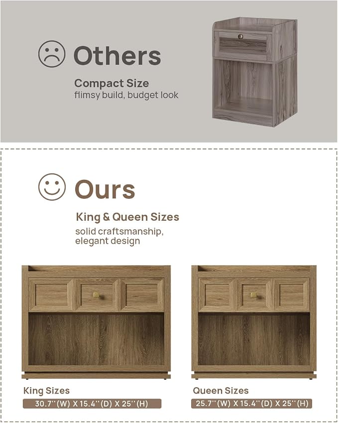 SICOTAS 31" Wide Nightstands Set of 2, Large Night Stands with Drawer, Oversized King Size Nightstand Bedside Table for Bedroom, Farmhouse End Side Table Set of 2 (Brown Oak, 31-Inch) - Image 6