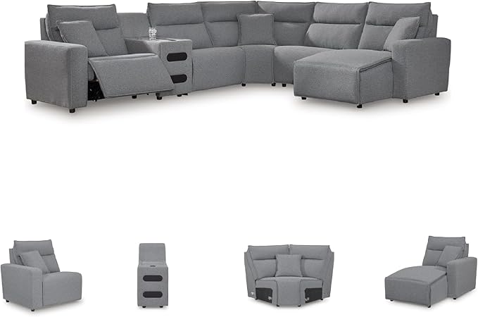 Signature Design by Ashley ModMax II Stain Resistant Contemporary U-Shaped 6-Piece Power Reclining Sectional Chaise and Audio Console, Adjustable Headrest, USB Ports, Storage and Cup Holders, Gray