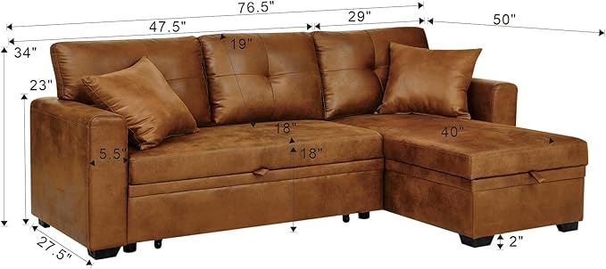 76.5" Sectional Sleeper Sofa with Pull Out Bed, L Shaped 3 Seat Sectional Couches for Living Room,Pull Out Couch Convertible Sofa Bed with Reversible Storage Chaise & 2 Pillows,Brown