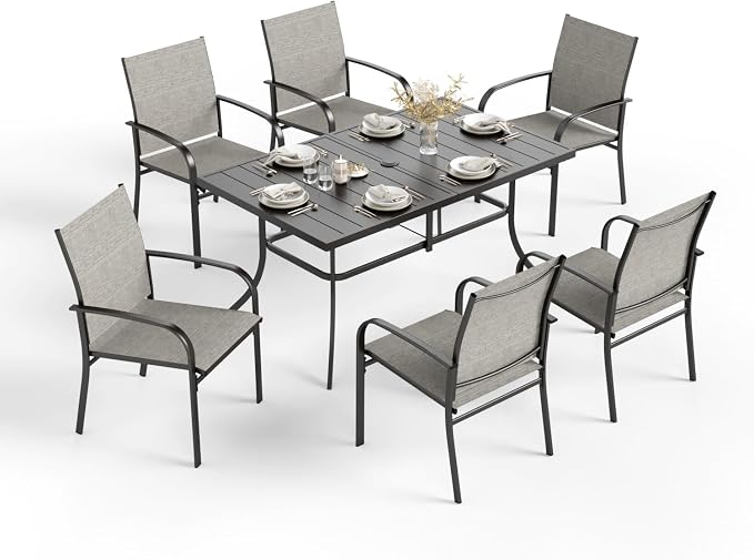 HERA'S HOUSE 7 PCS Patio Dining Set, All-Weather Outdoor Table Chairs Set, 6 x Patio Dining Chairs, Rectangular Metal Table with Umbrella Hole for Yard Garden Porch Deck (Brown) - Image 8