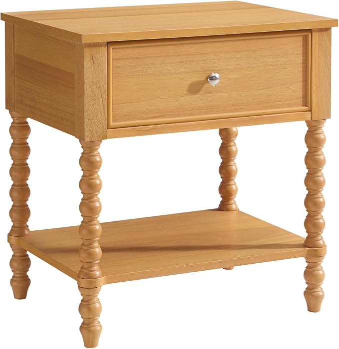 AMERLIFE 24" Wood Nightstand, Vintage Bedside Table for Bedroom, Solid Wood Night Stand with Turned Legs, End Table with Drawer & Open Shelf, Large/Tall Nightstand, Natural Finish - Image 9