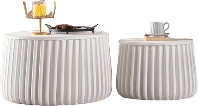 kevinplus 46.46'' White Round Coffee Table Set of 2 with Storage Space & Lift-Off Lid, Modern Circle Fluted Drum Nesting Coffee Table for Living Room, Curved-Edge Shape & No Assembly, White