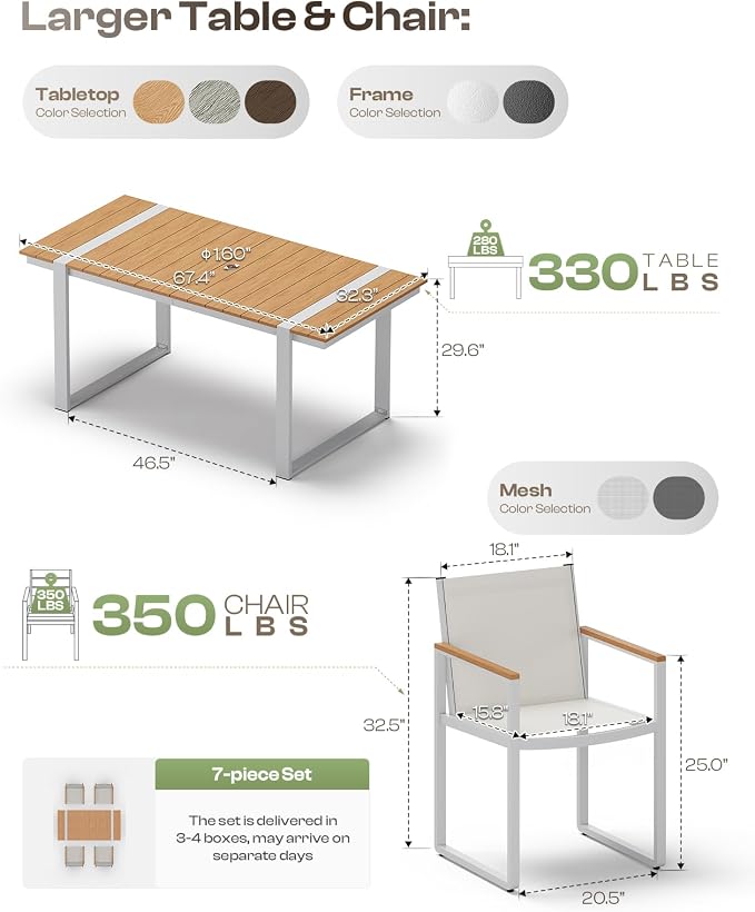 Outdoor Table and Chairs of 4, Patio Dining Sets, HDPS + Aluminum Outdoor Furniture Set with Umbrella Hole, Patio Dining Table Set (White-Teak) - Image 6