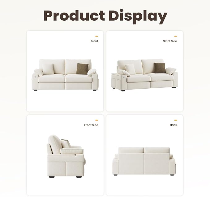 76" Loveseat Couch, 3 Seater Upholstered Midcentury Mondern Love Seat with USB Type C Ports, 4 Pillows and Storage Armrest Cloud Foam Sofa for Living Room/Small Spaces, Beige | Breathable material