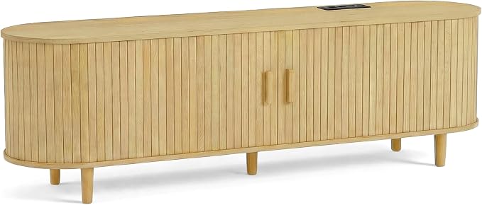 65" Mid Century Modern TV Stand, Wood TV Consoles with Sliding Doors and Power Outlet, Fluted Entertainment Center with Adjustable Shelves, Media Console for Living Room, Oak - Image 8