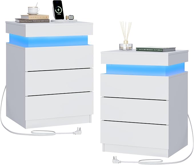 WLIVE Nightstand Set of 2 with Charging Station & LED Lights, Modern Night Stand with 3 Drawers and Sliding Top, Bedside Table End Table with Hidden Space for Bedroom, Living Room, White - Image 9