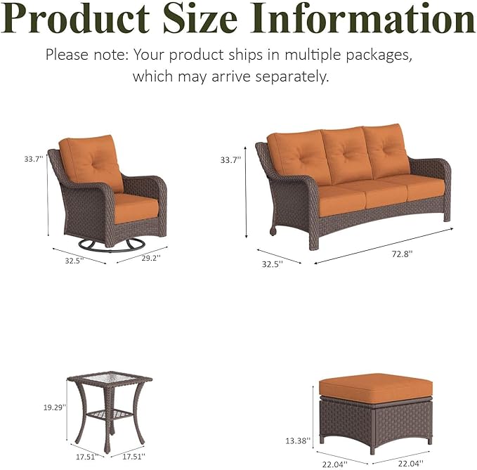 LayinSun 7 Piece Wicker Outdoor Furniture Set with 6-inch Comfy Cushions, High Back Patio Furniture Set with Swivel Rocking Chairs and Side Table
