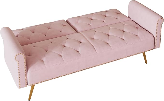 Convertible Futon Sofa Bed , Adjustable Sleeper Couch Modern Velvet Tufted Recliner Reversible Loveseat Folding Daybed Guest Bed Sofacama w/ Nailhead Trim and Golden Metal Legs for Living Room Office
