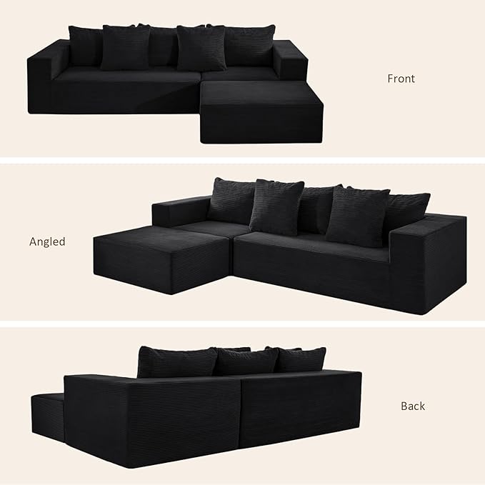INGEROOM 108" Modular Cloud Sectional Couch with Deep Seat, Boneless Sofa with Movable Ottoman, Plush Corduroy Memory Foam Couch for Living Room, No Assembly, Black