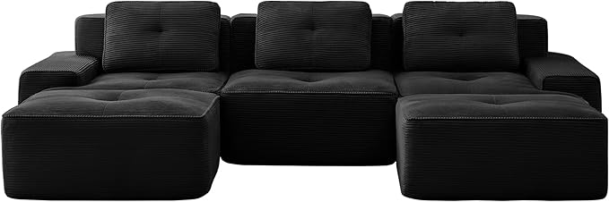 Casaphoria 115'' Black Modular Sofa Set, 3-Seat U-Shaped Corduroy Couch with 2 Ottomans for Large Living Room No Assembly Required Deep Seat Sectional Couch
