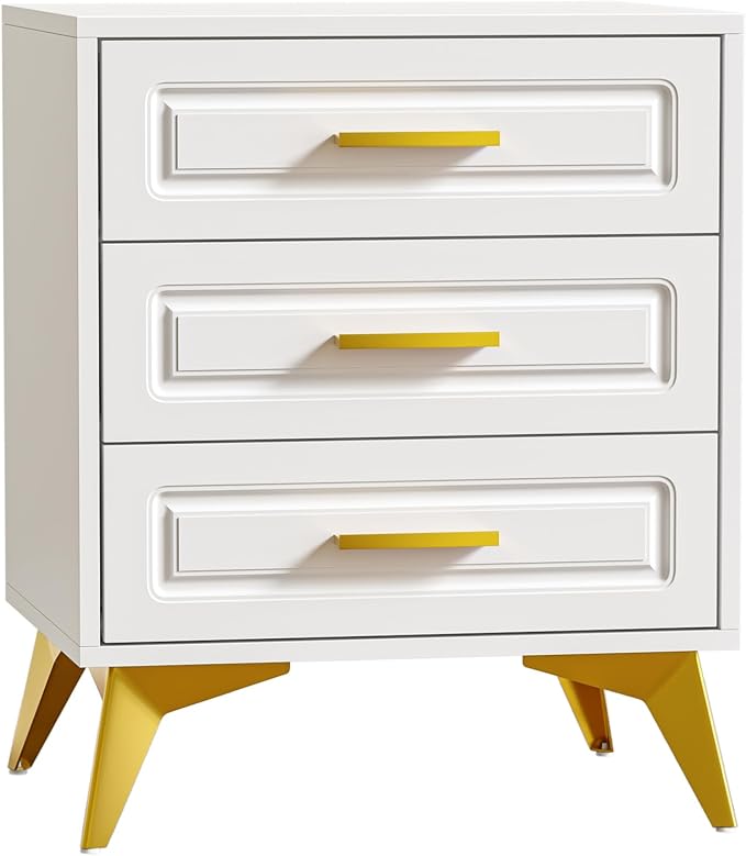 Giluta White Nightstand with 3 Drawers, Modern Night Stand with Gold Solid Metal Legs & Handles, Wood Bedside Table, Sofa End Side Table for Bedroom - Image 9