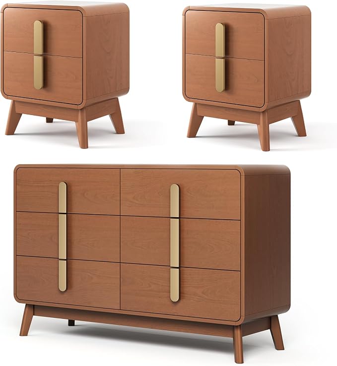 JOINICE Night Stand Set 2, Mid Century Modern Bedside Table with Drawers, Curved Profile Design End Table with Metal Handle, Nightstand Set of 2 with Storage, Bed Side Tables for Bedroom, Cherry - Image 8