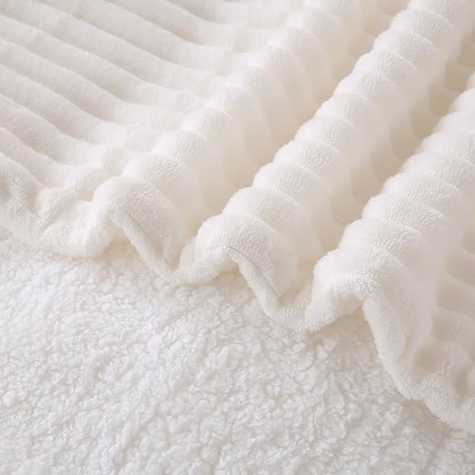 Cream White Sherpa Fleece Throw Blanket 90”×90” for Couch Sofa Bed,Super Soft Cozy Plush Double Side Thick Flannel Blanket with Striped Design Lightweight for Adults,Woman,Girls