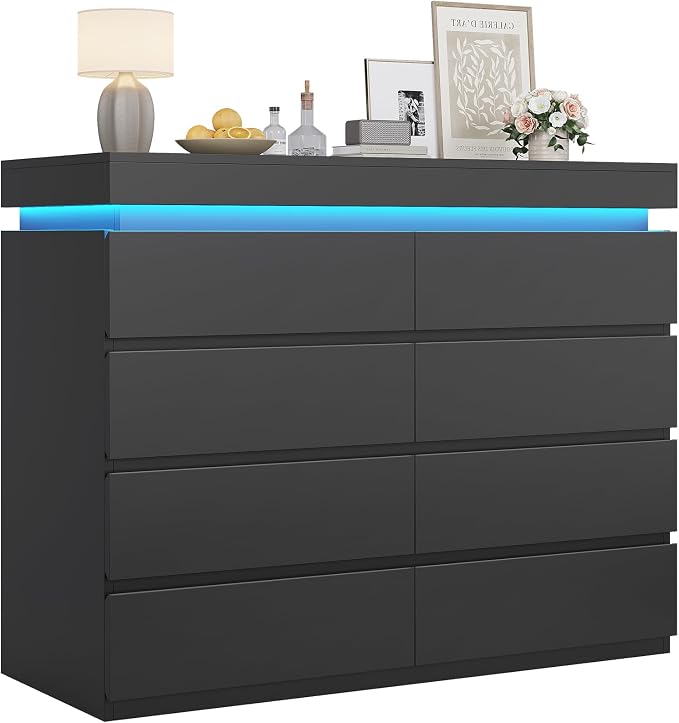 HAUOMS 8 Drawer Dresser with LED Light, Black Modern Chest of Drawers for Bedroom,Closet Dressers with Drawers for Living Room, Entryway, Hallway - Image 8