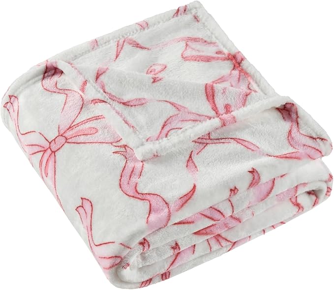 Pink Bow Throw Blanket –Spring Mother's Day Soft Fleece Blanket for Girls and Women, Coquette Aesthetic Room Decor for Bed, Couch, Chair, Preppy Bedroom or Gift, Cute Pink Bow Decor Blanket