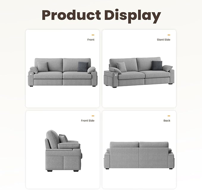 89" Loveseat Sofa, Cloud Foam Couch, 3 Seater Upholstered Midcentury Mondern Love Seat with USB Type C Ports, 4 Pillows and Storage Armrest for Living Room/Small Spaces, Grey | Breathable material