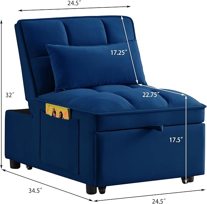 Ball & Cast 4 in 1 Convertible Sleeper Chair, Velvet Single Sofa Bed with Side Pockets,Pull Out Couch with Adjustable Backrest and Pillow, Multi-Function Chaise Lounge for Livingroom,Navy