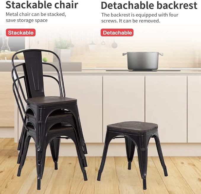 FDW | Metal Dining Chairs with Wooden Seat | Set of 4 | Black | Stackable Tolix Side Chairs with Backrest | Scratch-Resistant | Non-Slip Feet | Indoor/Outdoor Use | 330 lbs | for Dining & Kitchen - Image 7