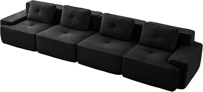 Casaphoria 150'' Black Corduroy Cloud Couch, 4-Seater Boneless Sectional Sofa with 4 Pillows for Living Room, Deep Seat Sofa, No Assembly Required