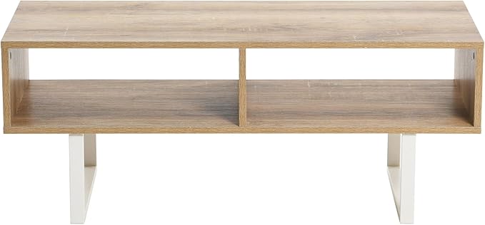 Household Essentials Jamestown TV Stand Coffee Table with Rectangular Storage Compartments Coastal Oak Rustic Wood Grain and White Metal