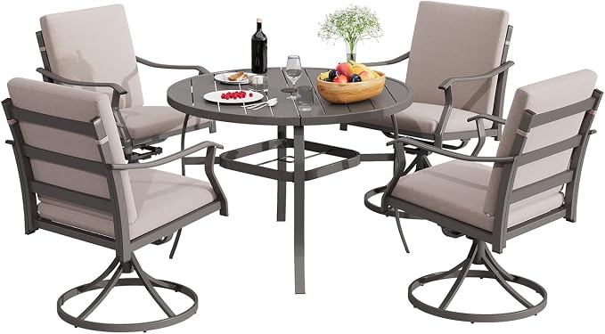 EROMMY 5-Piece Outdoor Patio Dining Set, 4 Swivel Chairs with Removable Cushions & Round Metal Table with Umbrella Hole, All-Weather Furniture for Backyard, Garden and Deck - Image 8
