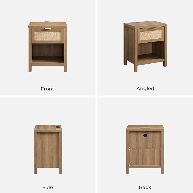 SICOTAS Rattan Night Stand with Charging Station - Farmhouse Nightstand with Type-C and USB Ports, Boho Accent Bed Side Table with Drawer and Open Shelf for Bedroom Small Space, Oak - Image 8