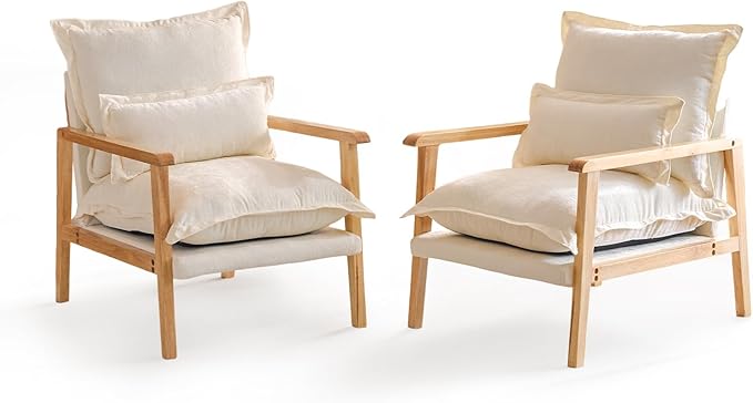 VINGLI Mid-Century Modern Cloud Accent Armchairs Set of 2 with Lumbar Pillow, 6.3'' Thick Seat Cushion Reading Chairs with Wooden Armrests, Boho Lounge Chair for Bedroom, Living Room, Chenille, Beige