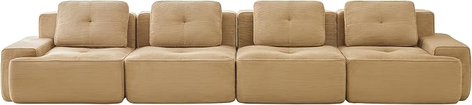 Casaphoria 150'' Camel Corduroy Cloud Couch, 4-Seater Boneless Sectional Sofa with 4 Pillows for Living Room, Deep Seat Sofa, No Assembly Required