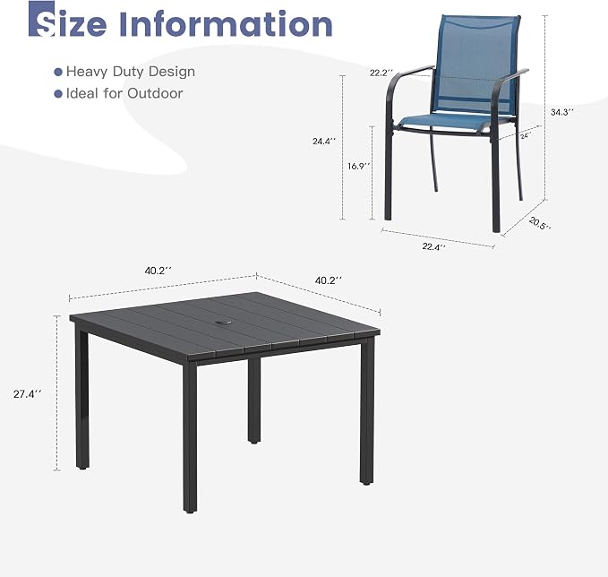VICLLAX 5 Pieces Patio Dining Set, Patio Furniture Set of 4 Patio Stackable Dining Chairs and Outdoor Metal Square Table with Umbrella Hole for Backyard Lawn Garden, Blue Chairs and Black Table - Image 7