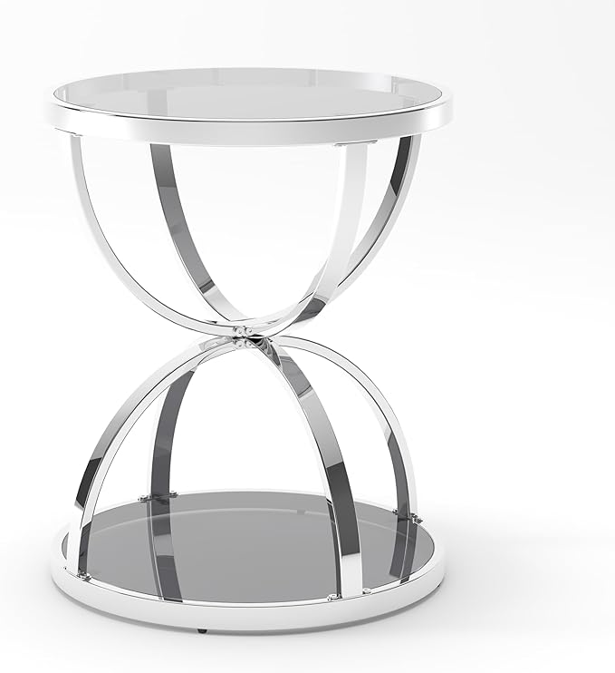 20" Tempered Glass Round Coffee Table Modern Chrome Frame Dome Base Two Tiers Circle Small Living Room Center Tables