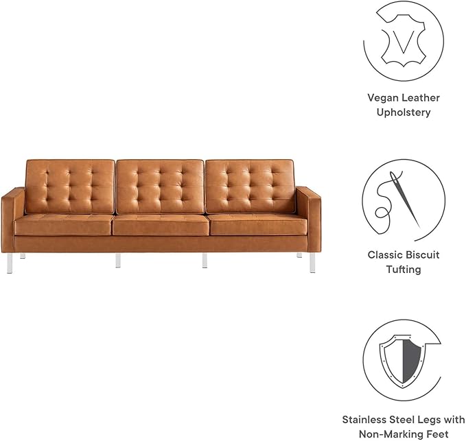 Modway Loft Tufted Button Faux Leather Upholstered Sofa in Silver Tan