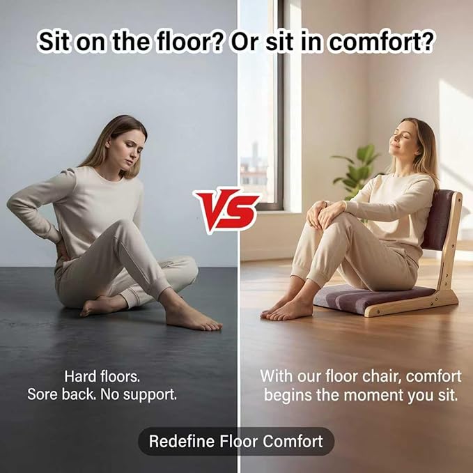Tiita Floor Chair with Back Support, Foldable Meditation Tatami Chairs, Backrest Chair with Cushion, Living Room Chair Seat 4 Pack, Wood Grey