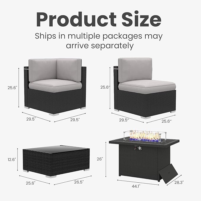 8 Pieces Patio Furniture Set with 44" Propane Gas Fire Pit Table, Outdoor Sectional Wicker Conversation Sofa Sets with Coffee Table