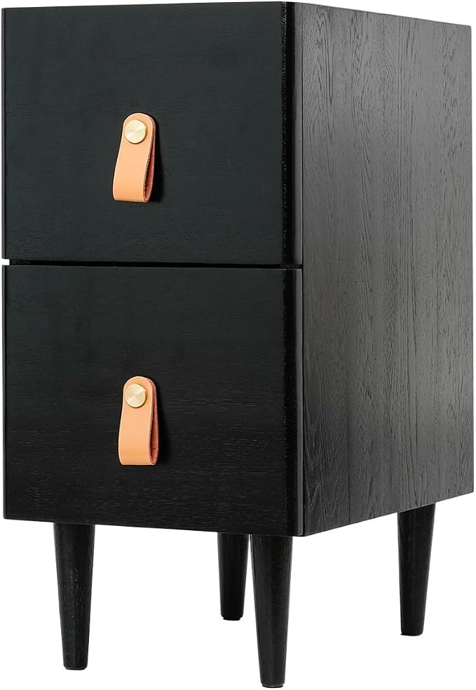 Narrow Nightstand, Solid Wood Night Stand, Mid Century Modern Side Table, 2 Drawers End Table, Small Bedside Tables for Bedroom, 9.84" W x 15.74" D x 21.65" H, Black - Image 9
