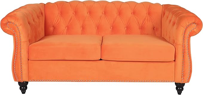 LEVNARY Velvet Sofa, Chesterfield Tufted Upholstered 2 Seater Couch, Modern Loveseat Couch Classic Furniture for Living Room Bedroom (Orange)