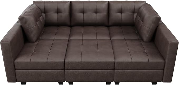 HONBAY Oversized Modular Sleeper Sectional Sofa Bed with Storage, Faux Leather Reversible 6 Seat Couches, Mid Brown