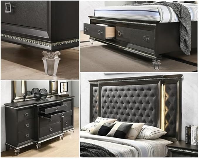 Best Quality Furniture Lavish 3 Piece Gray Bedroom Set with Light up Headboard in California King