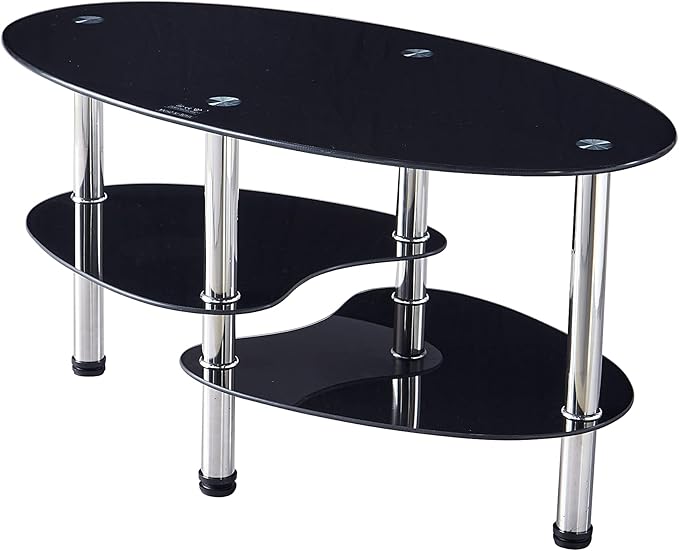 Oval-Shaped Glass Tea Table for Office, 3-Tier Modern Coffee Table, End Table for Living Room (Black)