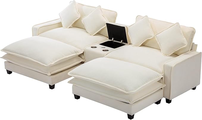 Sectional Sofa Chenille Upholstered with 2 Removable Ottoman, 2 USB Ports, 2 Cup Holders Large Storage Box for Living Room