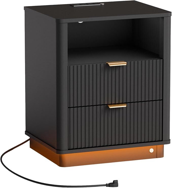 Led Fluted Nightstand, Smart Curved Night Stand with Charging Station Lighting, Wood End Table with 2 Drawers, Modern Side Table Storage Cabinet for Bedroom Office,(1, Black) - Image 9