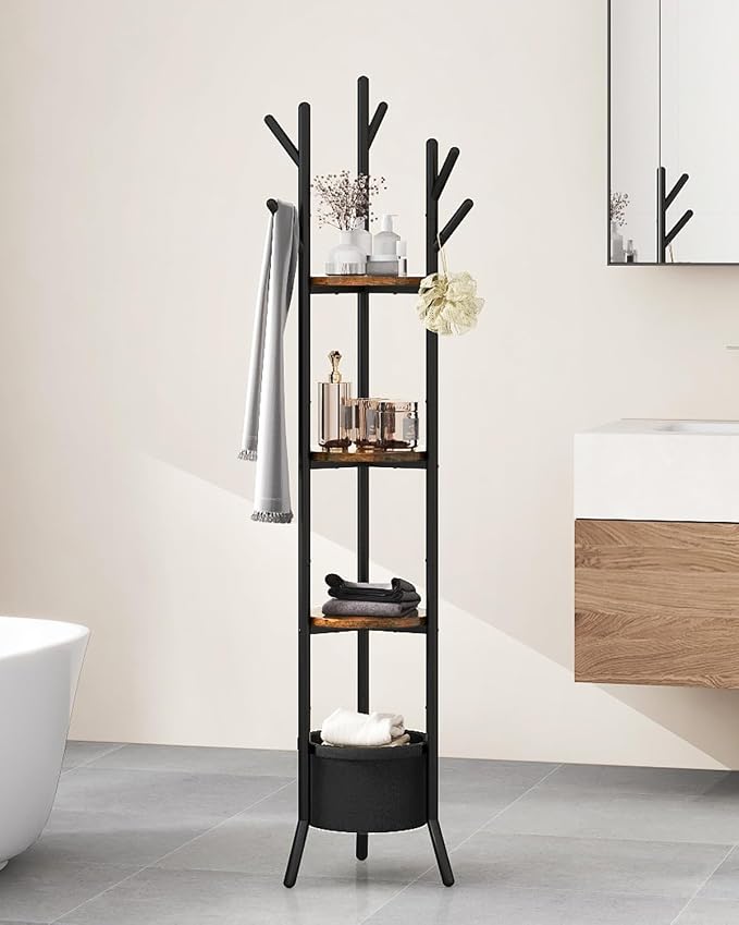 YMYNY Coat Rack, Freestanding Coat Stand with Storage Shelves, Hall Trees with 3 Wooden Shelves and 1 Fabric Basket, Metal Clothes Stand for Hats Bags Hallway Bedroom Rustic Brown UHGR005H - Image 9