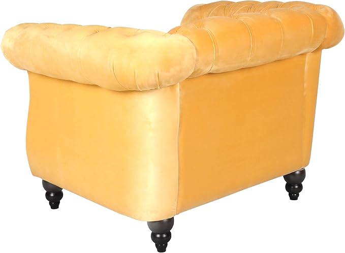 LEVNARY Velvet Chesterfield Armchair, Modern Sofa Chair with Button Tufted Backrest, Tufted Upholstered Rolled Chair for Home Reading Room (Yellow)
